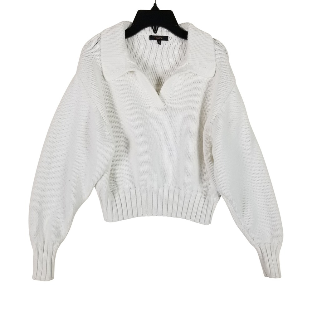 Quince Polo Sweater Women S White Cropped Long Sleeve V-Neck Knit Pullover 324